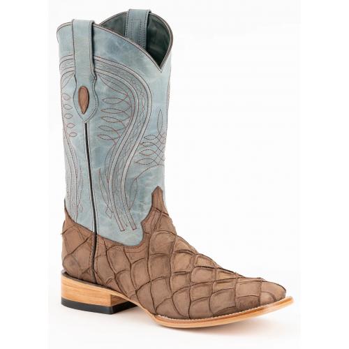 Ferrini "Bronco" Brown Pirarucu Print Leather Square Toe Cowboy Boots 43393-10